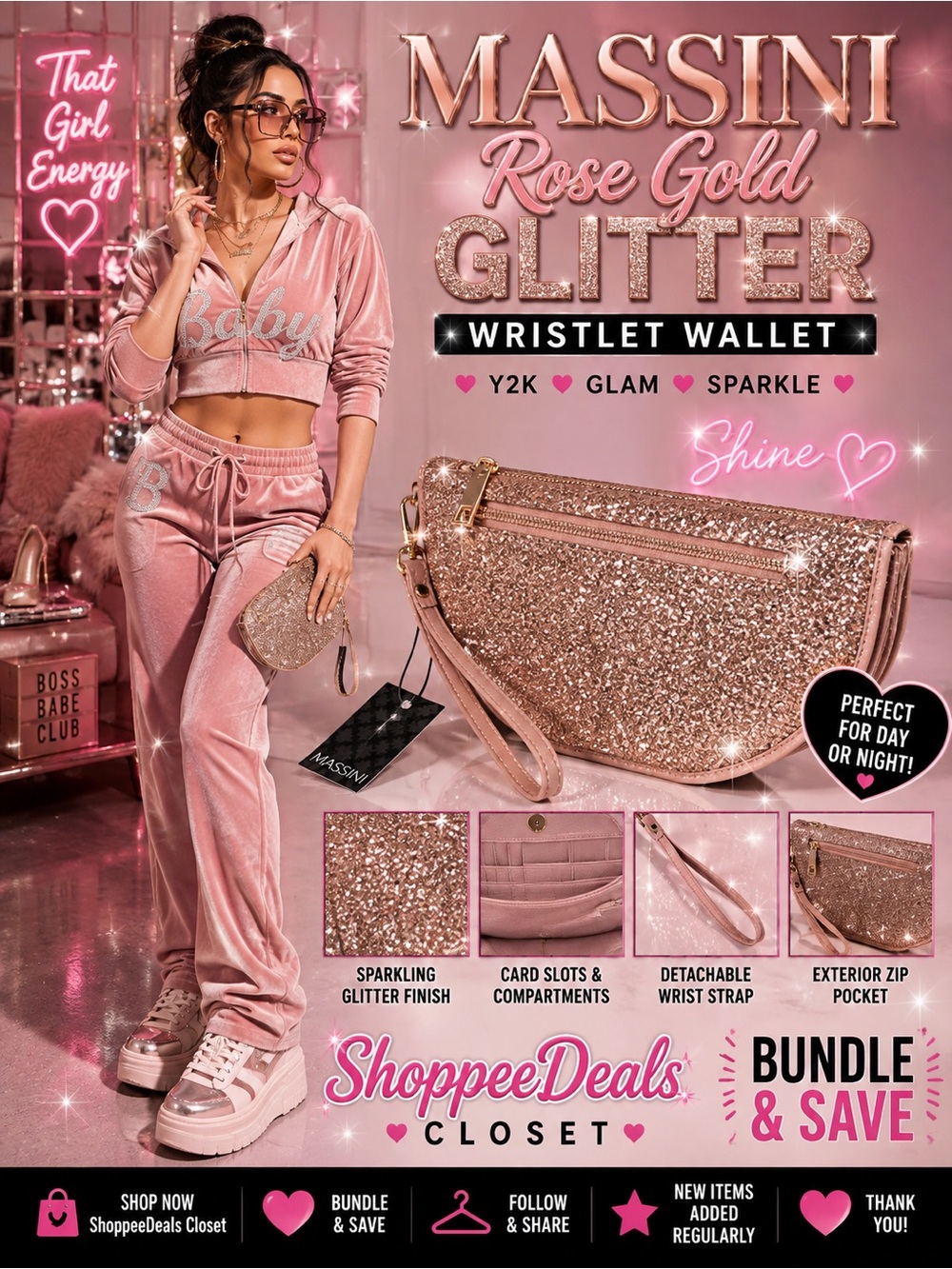 Massini Rose Gold Glitter Wristlet Wallet NWT